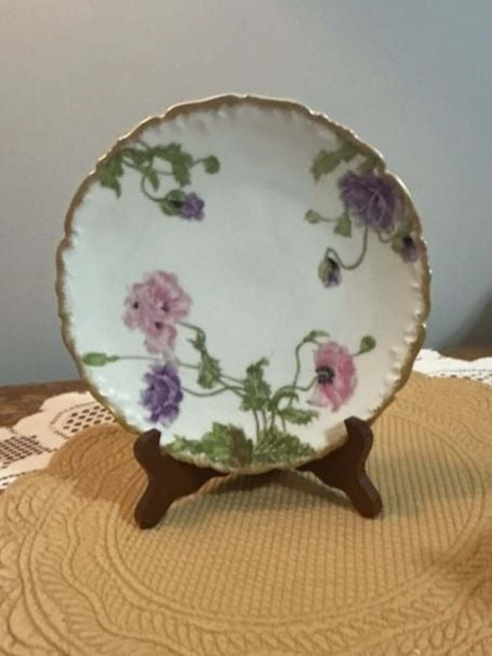 Antique Tressemann & Vogt Limoges Porcelain Plate Pink Purple Poppies Gold Trim